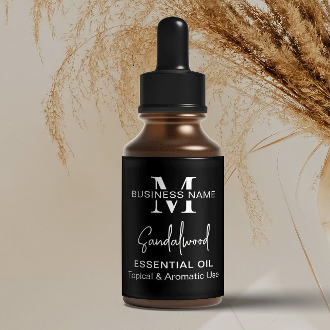 Etiqueta Garrafa de Conta Essencial de Óleo Preto e Branco  (Modern small dropper bottle labels in black and white)