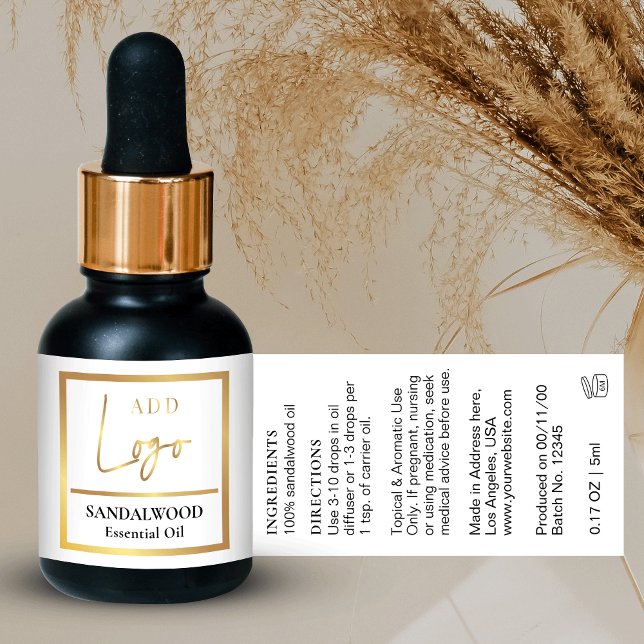 Etiqueta Garrafa De Dropper De Óleo Essencial E Branco Eleg (Elegant faux gold effect small dropper bottle wrap around labels with space for your logo)