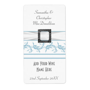 Etiqueta Garrafa de vinho de casamento azul e branco pastel