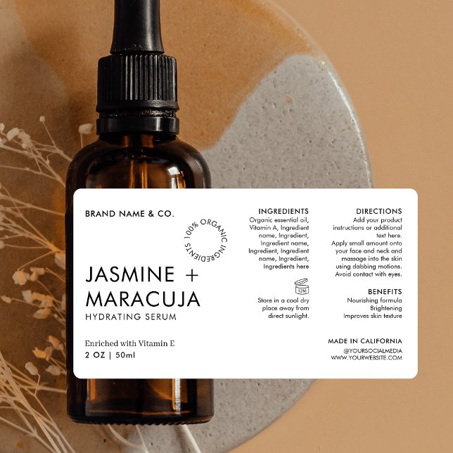 Etiqueta Garrafa Simples Cosmética Mínima Moderna (Modern cosmetic bottle label design in black & white with space for ingredients)