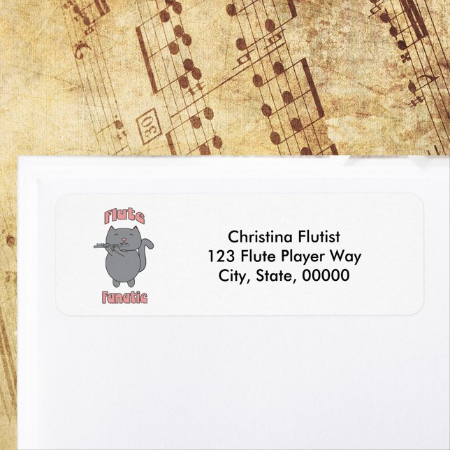 Etiqueta Gata Fã de Música Flauta Endereço de Devolução Per (A return address label featuring a cat playing the flute and the words Flute Fanatic.)