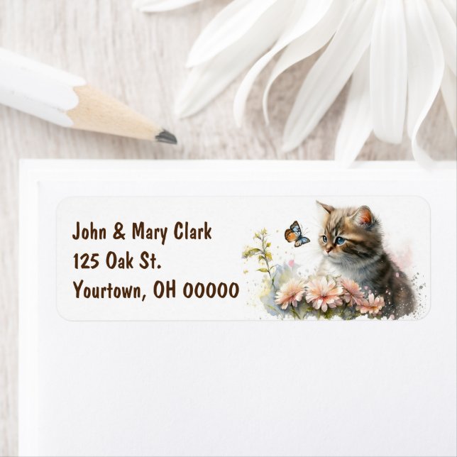 Etiqueta Gatinho Aquarela Com Borboleta (Insitu)