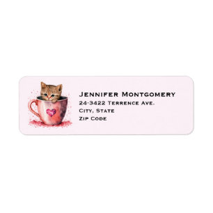 Etiqueta Gatinho Bonito num Teacup com Corações