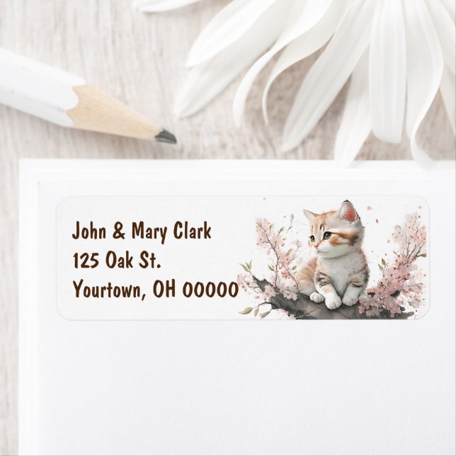 Etiqueta Gatinho De Aquarela Com Flores Rosa (Insitu)