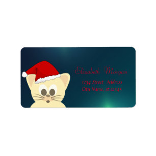 Etiqueta Gato Adorável Com Chapéu de Papai Noel, Verde