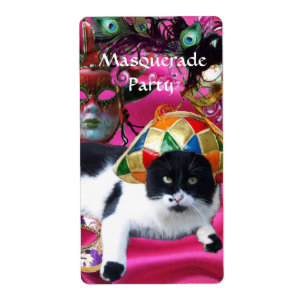 ETIQUETA GATO COM HARLEQUIN HAT E MÁSCARAS DE MASCARADA