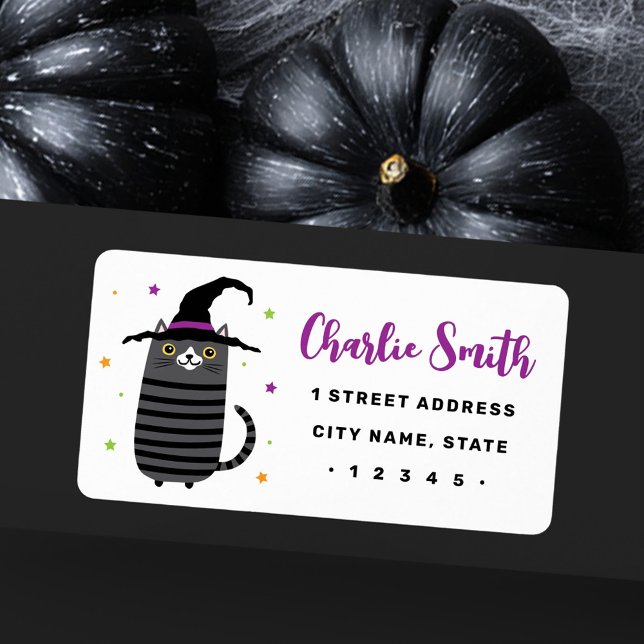 Etiqueta Gato com o bonitinho endereço de volta do Hallowee (Cat with witch hat cute Halloween return address Label)
