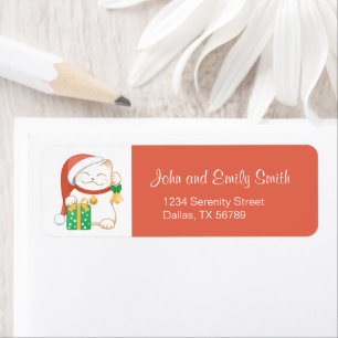 Etiqueta Gato de Natal Branco num Chapéu Vermelho