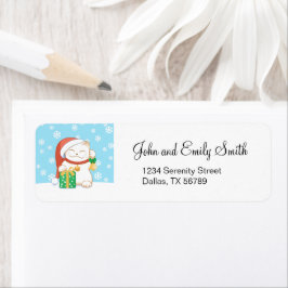 Etiqueta Gato de Natal Branco num Chapéu Vermelho