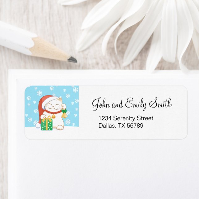 Etiqueta Gato de Natal Branco num Chapéu Vermelho (Insitu)