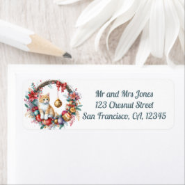 Etiqueta Gato em uma coroa floral de Natal 2- Endereço de d