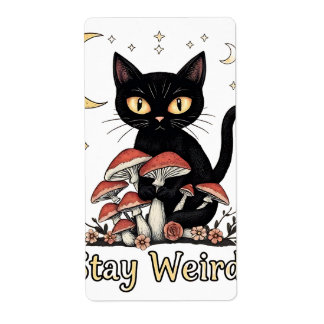 Etiqueta Gato noir caprichoso enquadrado por cogumelos verm