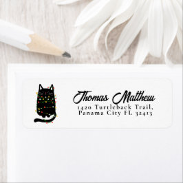 Etiqueta Gato Preto Engraçado Entrou Na Luz De Natal