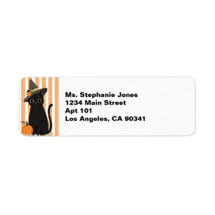 Etiqueta Gato Preto Fofo de Halloween com Chapéu de Bruxa A