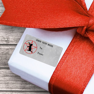 Etiqueta Gato Preto Segurando Estrela Dourada no Círculo Pe