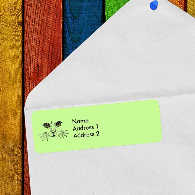 Etiqueta Gato Rosto Olhos Verdes Sussurdos (Cat face drawing in black with green eyes on light green return address labels.)