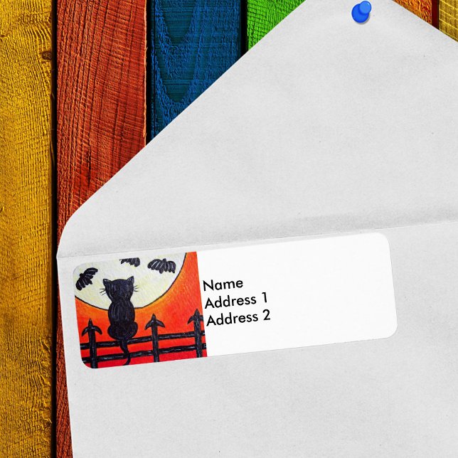 Etiqueta Gatos de Lua de Gato Negro (Black cat on fence watching bats in full moon on orange return address labels.)