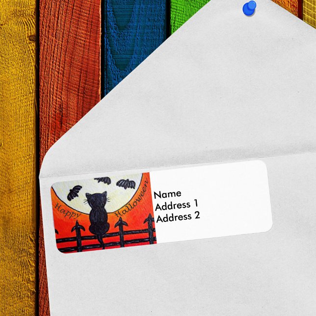 Etiqueta Gatos de Lua Pretos do Halloween (Happy Halloween black cat on fence bats in full moon on orange return address labels.)