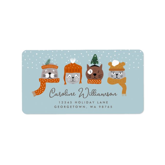 Etiqueta Gatos de Natal bonitos em Knits Cozy Endereço Azul (Frente)