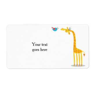 Etiqueta Girafa de desenho animado e ave