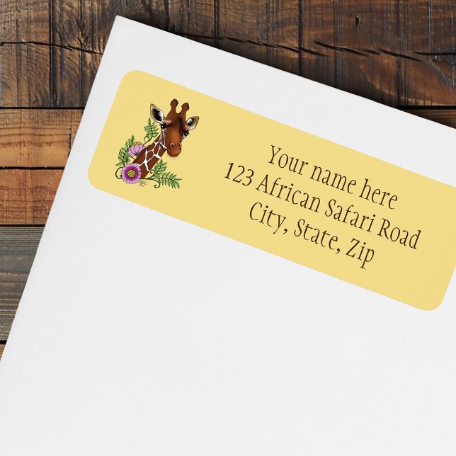 Etiqueta Giraffe Yellow Portrait Flowers Endereço (Criador carregado)