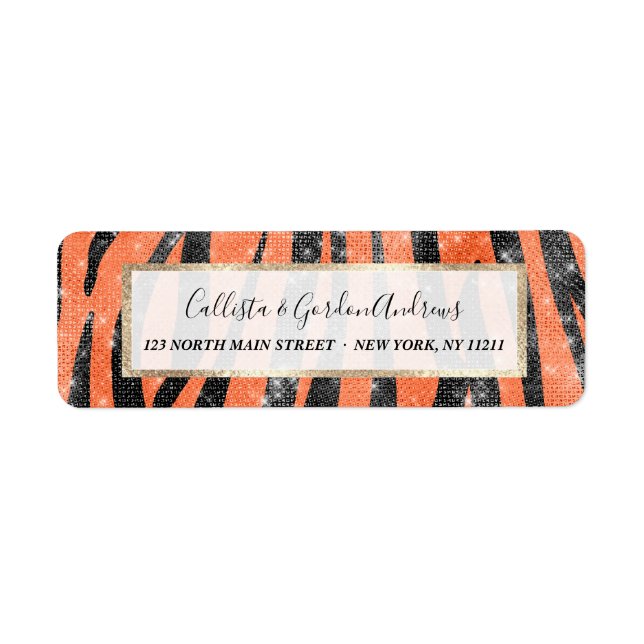 Etiqueta Glamorous Black Orange Glitter Animal Tiger Stripe (Frente)