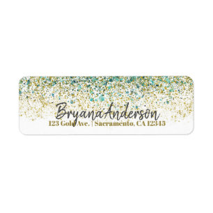 Etiqueta Glitter Dourado branco e azul lacrimogênio moderno