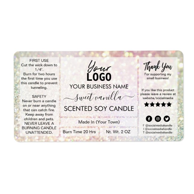 Etiqueta Glitter Pastel Doce Vela de soja (Frente)