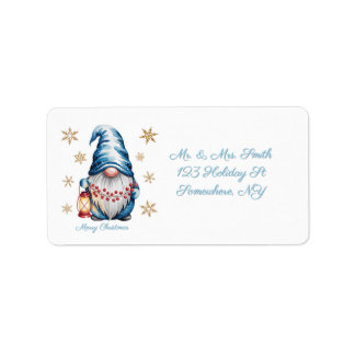 Etiqueta Gnome do Natal Azul com Lanterna Vermelha e Frutas