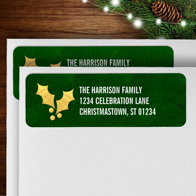 Etiqueta Gold Foil Holly Personalizado Natal (Criador carregado)