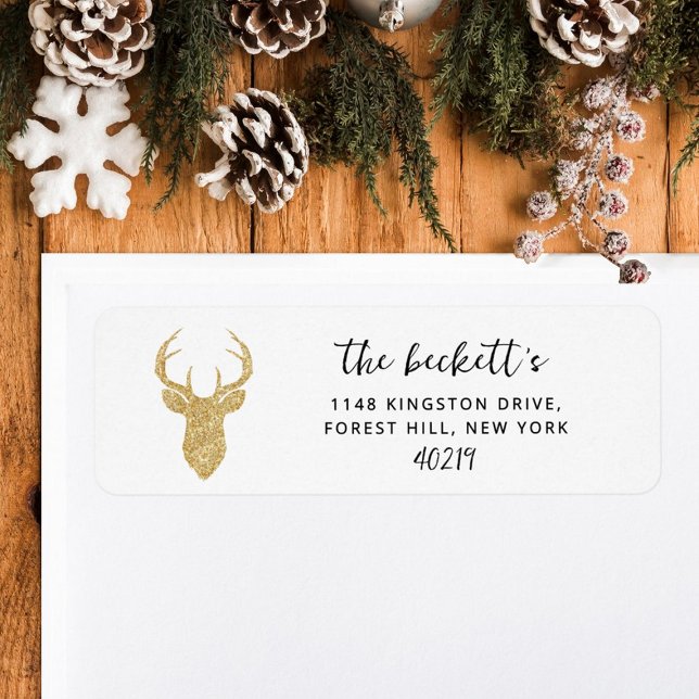 Etiqueta Gold Glitter Deer Head Winter Christmas Holiday (Criador carregado)