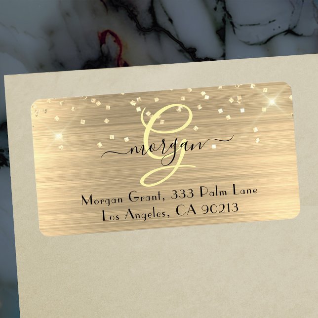 Etiqueta Gold Glitter & Monogram, Black Script Name Address (Criador carregado)