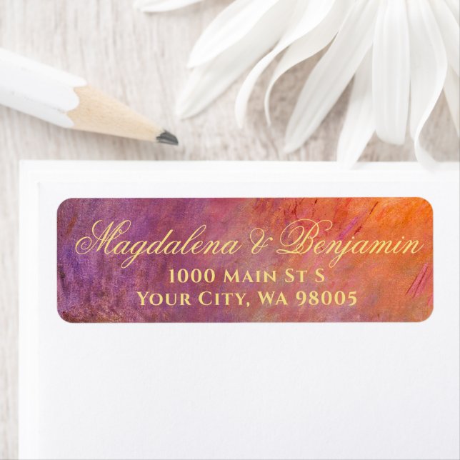 Etiqueta Golden Orange Purple Sunset Sky Monet Art Wedding (Insitu)