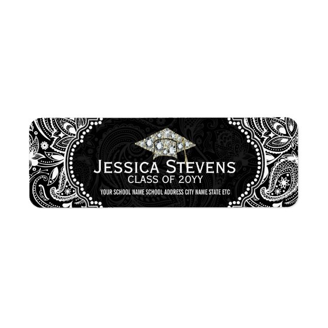 Etiqueta Graduação Floral de Paisley Preta e Branca Chapada (Frente)