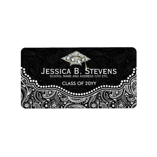 Etiqueta Graduação Floral de Paisley Preto e Branco Chapado (Frente)