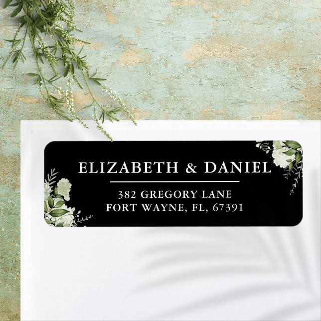 Etiqueta Greenery Black And White Wedding Endereço De Retor (Greenery Black And White Wedding Return Address Label)