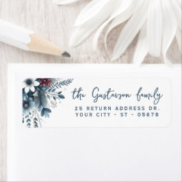 Etiqueta Grinalda de Natal Floral Azul Teal Escuro com Verm
