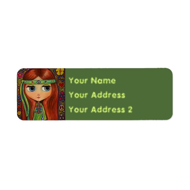 Etiqueta Groovy Hippie Girl in Green Peace Sign Cute (Frente)