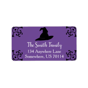 Etiqueta Halloween Black Witch Hat & Purple