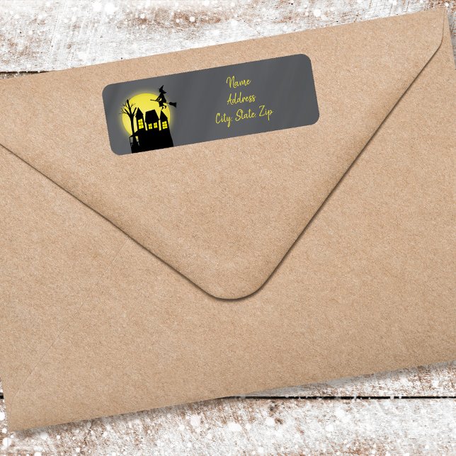 Etiqueta Halloween Black Witch Haunted House (Halloween customized witchy return address label. )