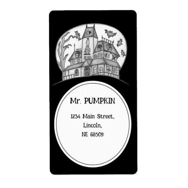 Etiqueta Halloween, Casa Assombrada e Morcegos (Frente)