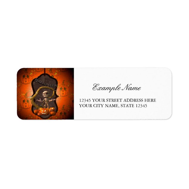 Etiqueta Halloween, múmia engraçada com abóbora (Frente)