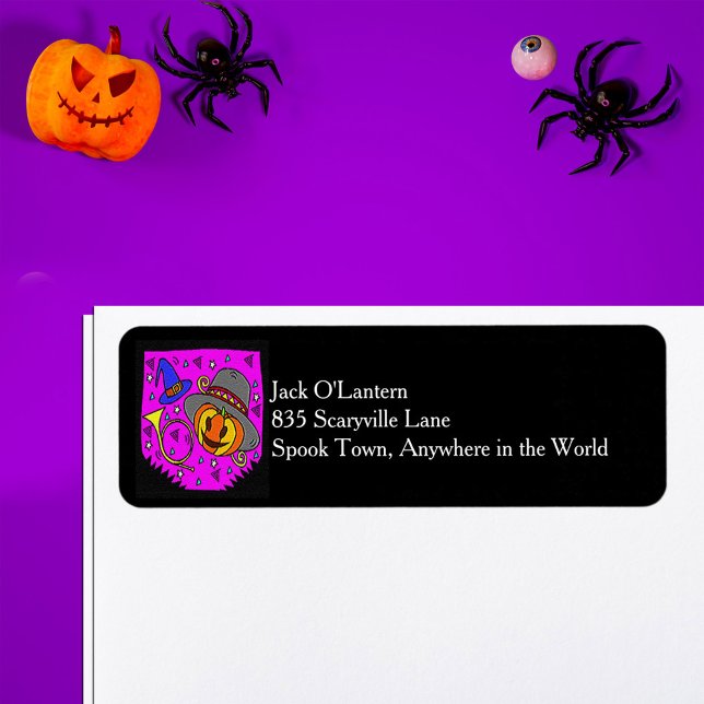 Etiqueta Halloween Pumpkin Bugle Roxo Endereço de Retorno (Halloween Pumpkin Bugle Purple Return Address Label)