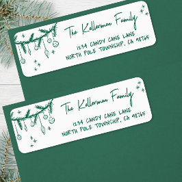 Etiqueta Hand Drawn Green Christmas Return Address