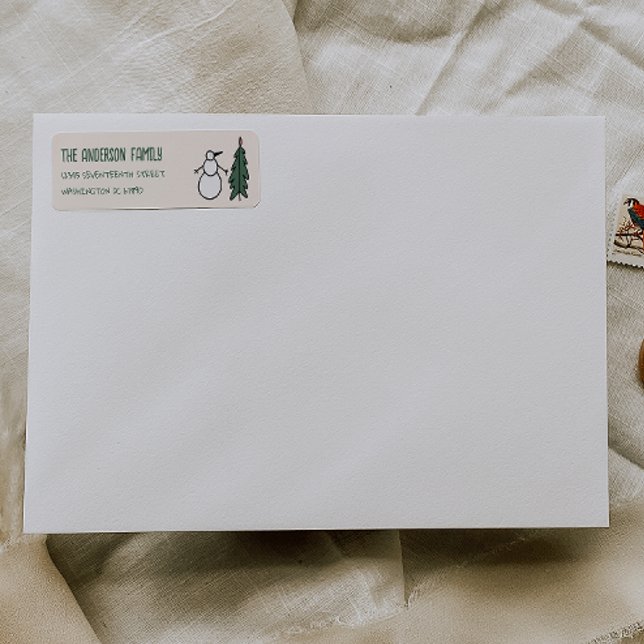 Etiqueta Hand Drawn Painted Snowman Christmas Tree Address (Criador carregado)