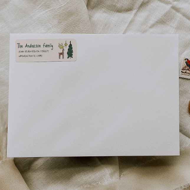 Etiqueta Hand Painted Cream Christmas Tree Reindeer Address (Criador carregado)