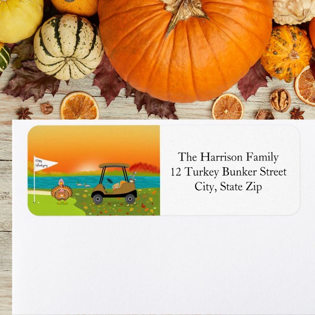 Etiqueta Happy Thanksgiving Turkey on Golf Course With Pie  (Criador carregado)