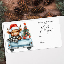 Etiqueta Highland Cow Vintage Blue Truck Feliz Natal