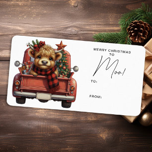 Etiqueta Highland Cow Vintage Red Truck Feliz Natal