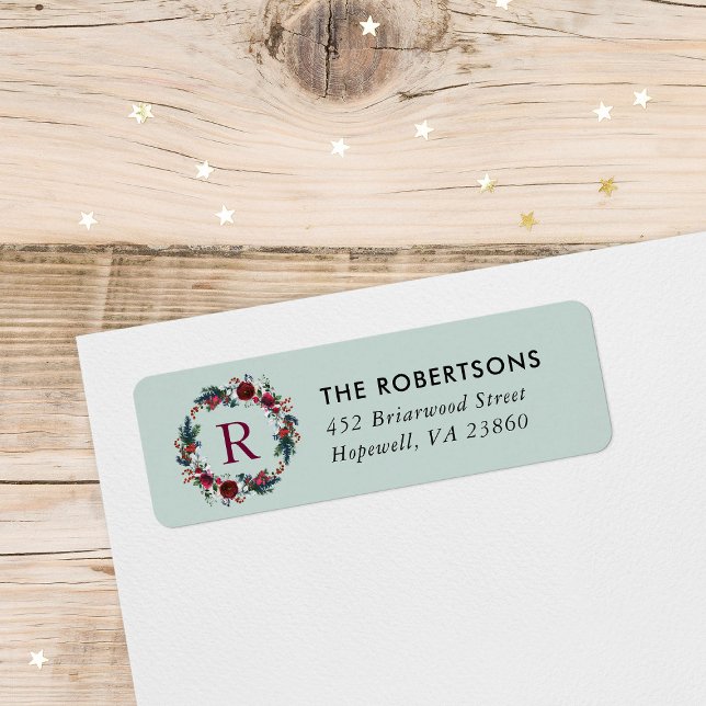 Etiqueta Holiday Floral Christmas Wreath Monograma Address (Criador carregado)